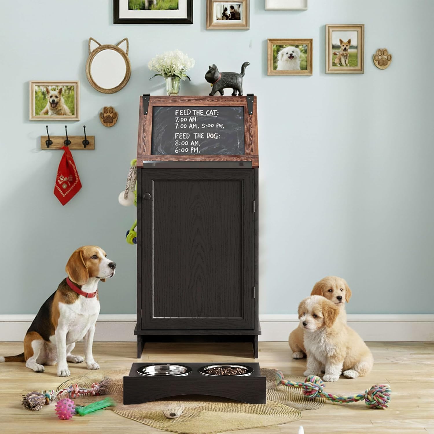 FIMELLO Dog Feeding Station with Storage, Dog Food Cabinet with 2 Hidden Feeding Bowls, Flip-Top Pet Storage Cabinet, Pet Food Holder, Black Grain