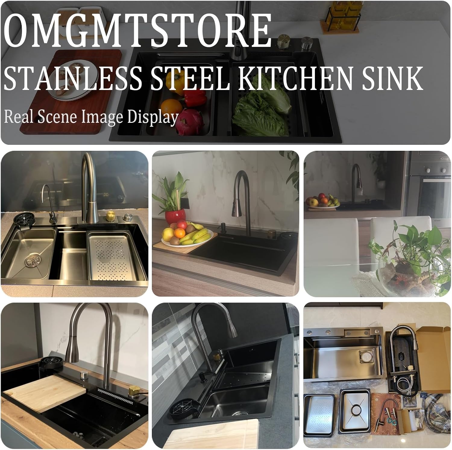Waterfall Kitchen Sink Stainless Steel Top Mount Sink Black Nano Single Bowl Sink Multifunctional Workstation Sink with Pull-Out Faucet, Glass Cup Washer, D(Black-65x50x22cm