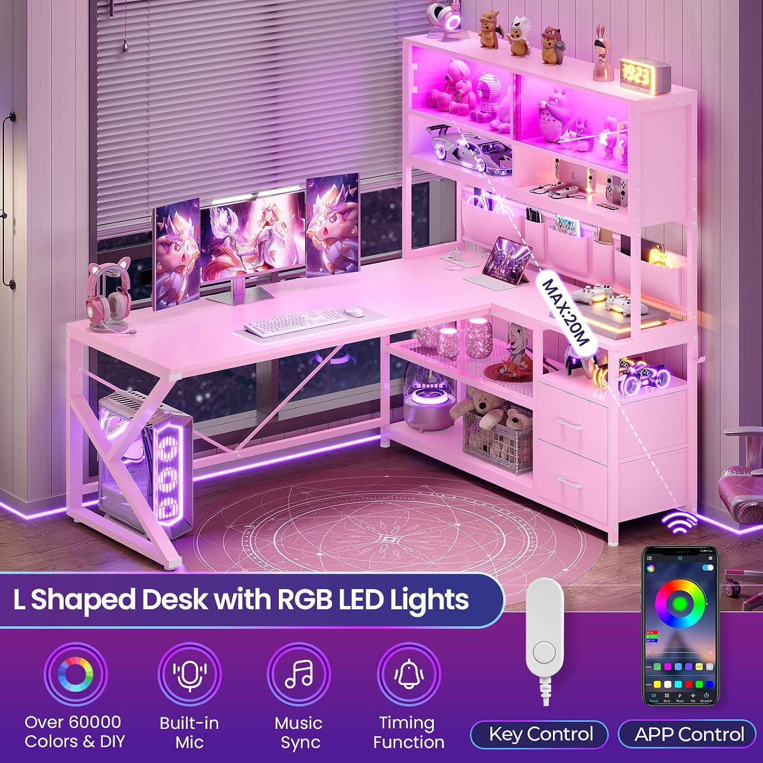 SEDETA L Shaped Gaming Desk, Home Office Computer Desk with 2 Drawer and Bookshelf, L Shaped Gaming Desk with LED Light, Glass Cabinet and Storage Bag, Corner Desk with Storage Shelves, Pink