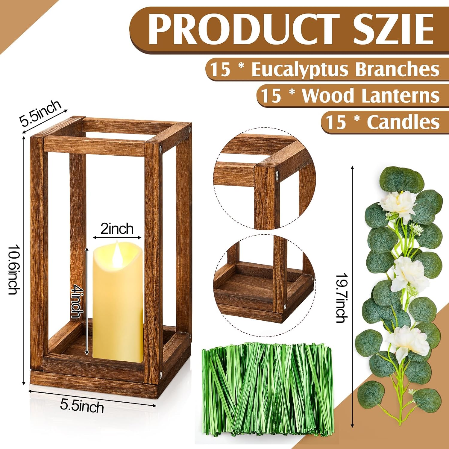 Sabary 45Pcs/15 Set Wooden Wedding Lantern Centerpiece, Include 15 Candle Holder 15 LED Candle 15 Eucalyptus Leave Wreath for Rustic Wedding Table Decoration, Country Barn Table Valentine Decor, Party