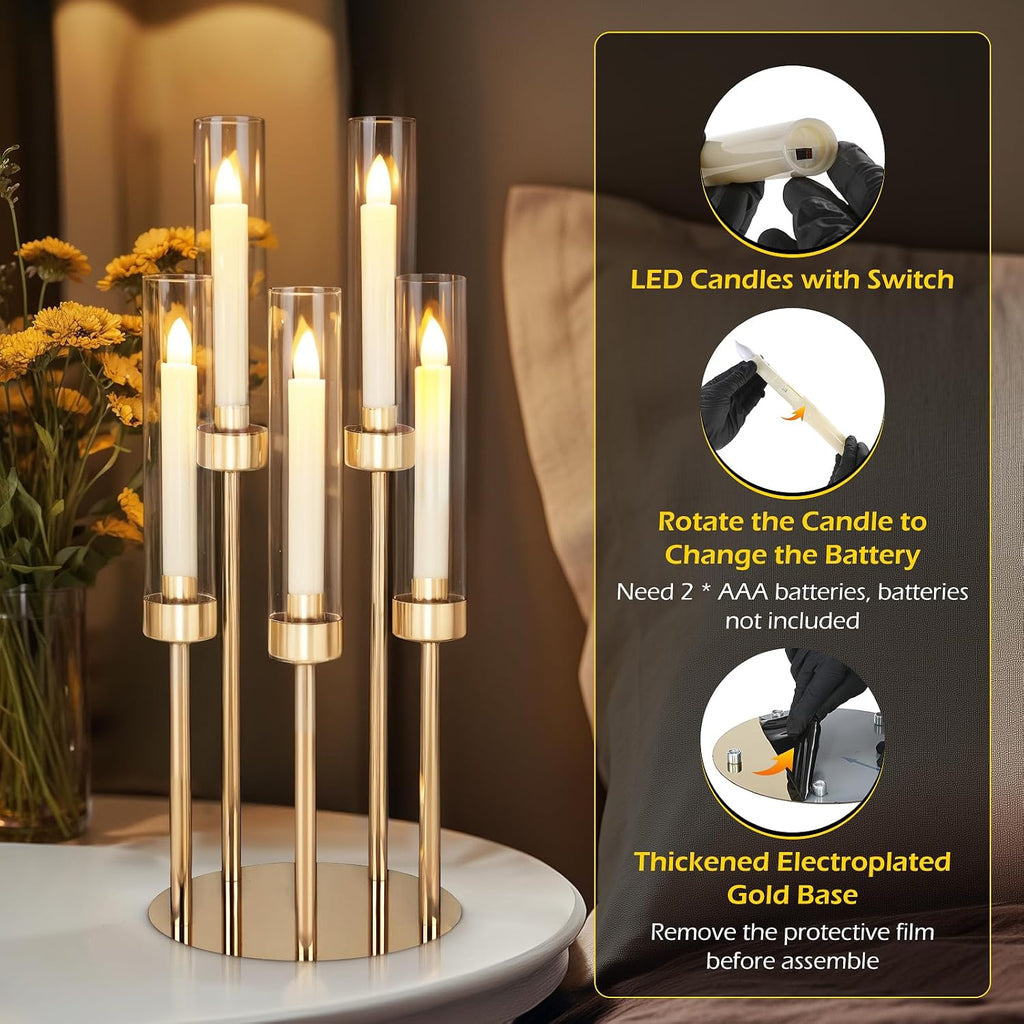 Dyna-Living Gold Candelabra Centerpiece 4 Set 26.8'' Tall Candle Holder Centerpiece for Tables, 5 Arms Candlestick Holders with Acrylic Lampshade, Gold Candelabra Floor Stands for Wedding Party Home