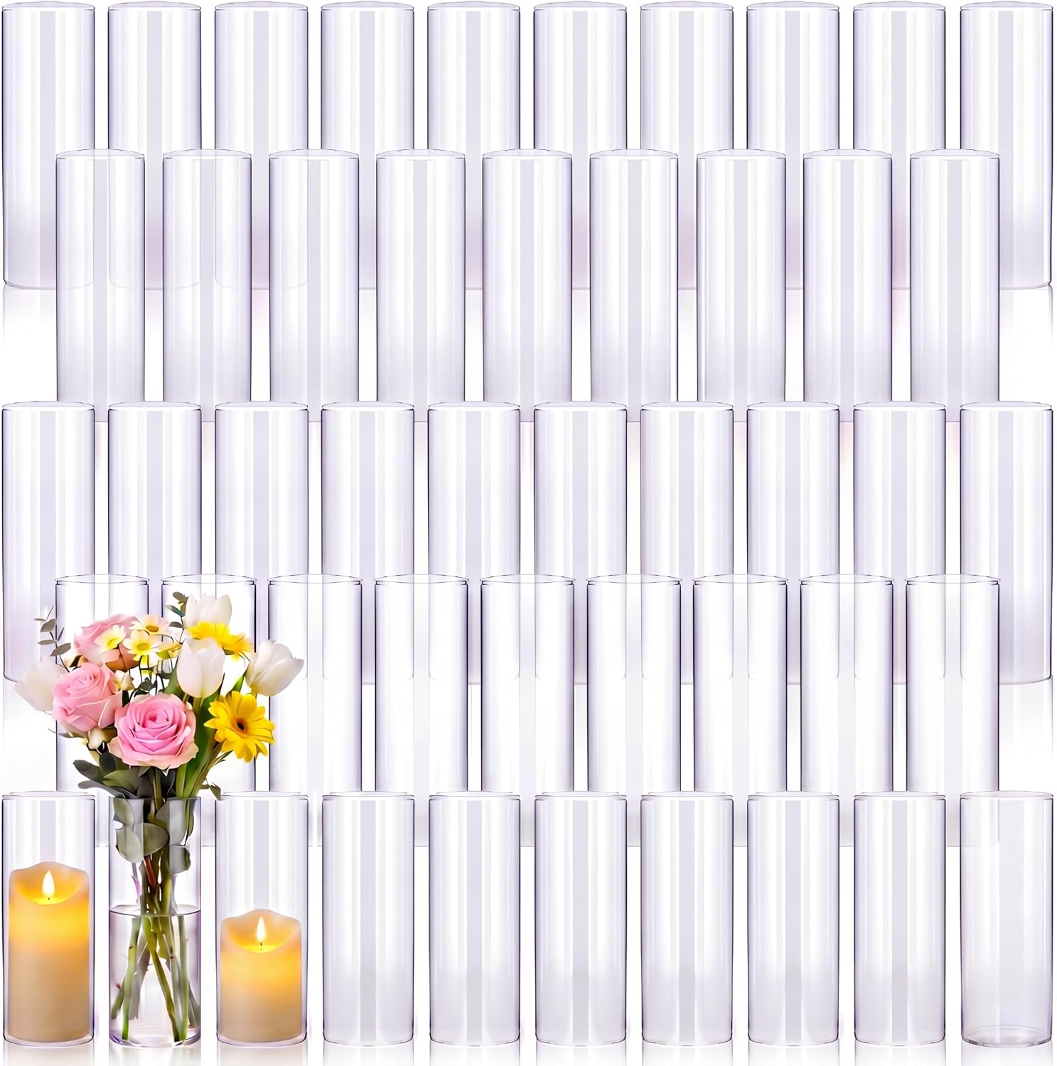Mimorou 48 Pcs 8 Inch Tall Glass Vases Bulk Clear Cylinder Flower Vases Transparent Candle Holder Bulk Wedding Table Centerpieces Decoration for Banquet Dinners Party Event