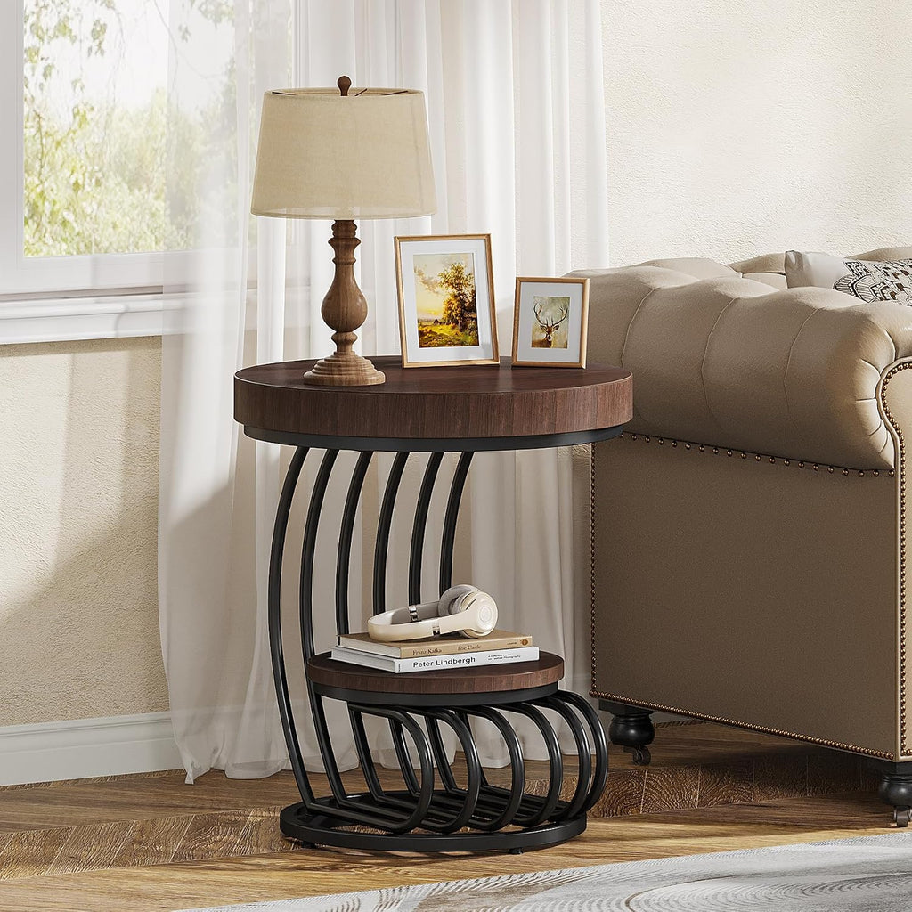 Tribesigns Round End Table, 2-Tier Farmhose Wood Side Table with Shelf Storage, Small Sofa Side Bedside Nightstand, Arc-Shaped Frame Accent Furniture for Living Room, Rustic Brown