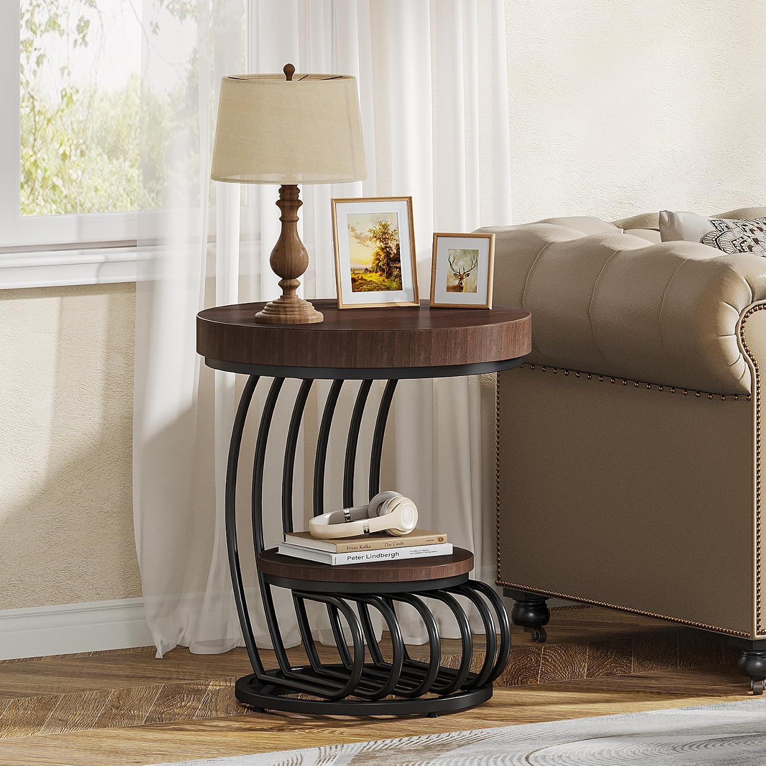 Tribesigns Round End Table, 2-Tier Farmhose Wood Side Table with Shelf Storage, Small Sofa Side Bedside Nightstand, Arc-Shaped Frame Accent Furniture for Living Room, Rustic Brown