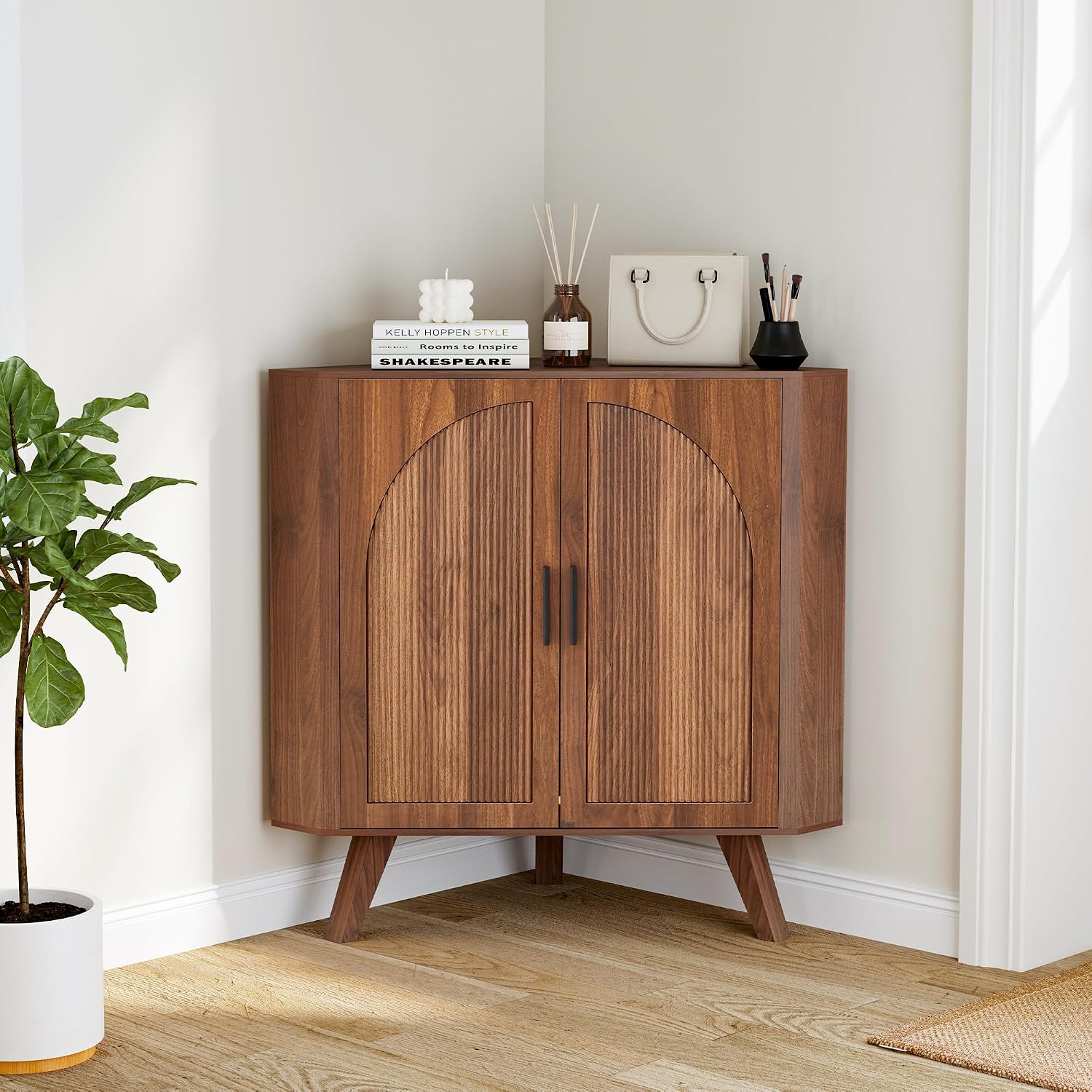 BERRYMERRY Fluted Corner Cabinet with Storage,Space Saving Corner Floor Cabinet with Adjustable Shelve & Arched Profile Door for Living Room Kitchen Bathroom (Brown, 15.7'D x 31.5'W x 30.7'H)