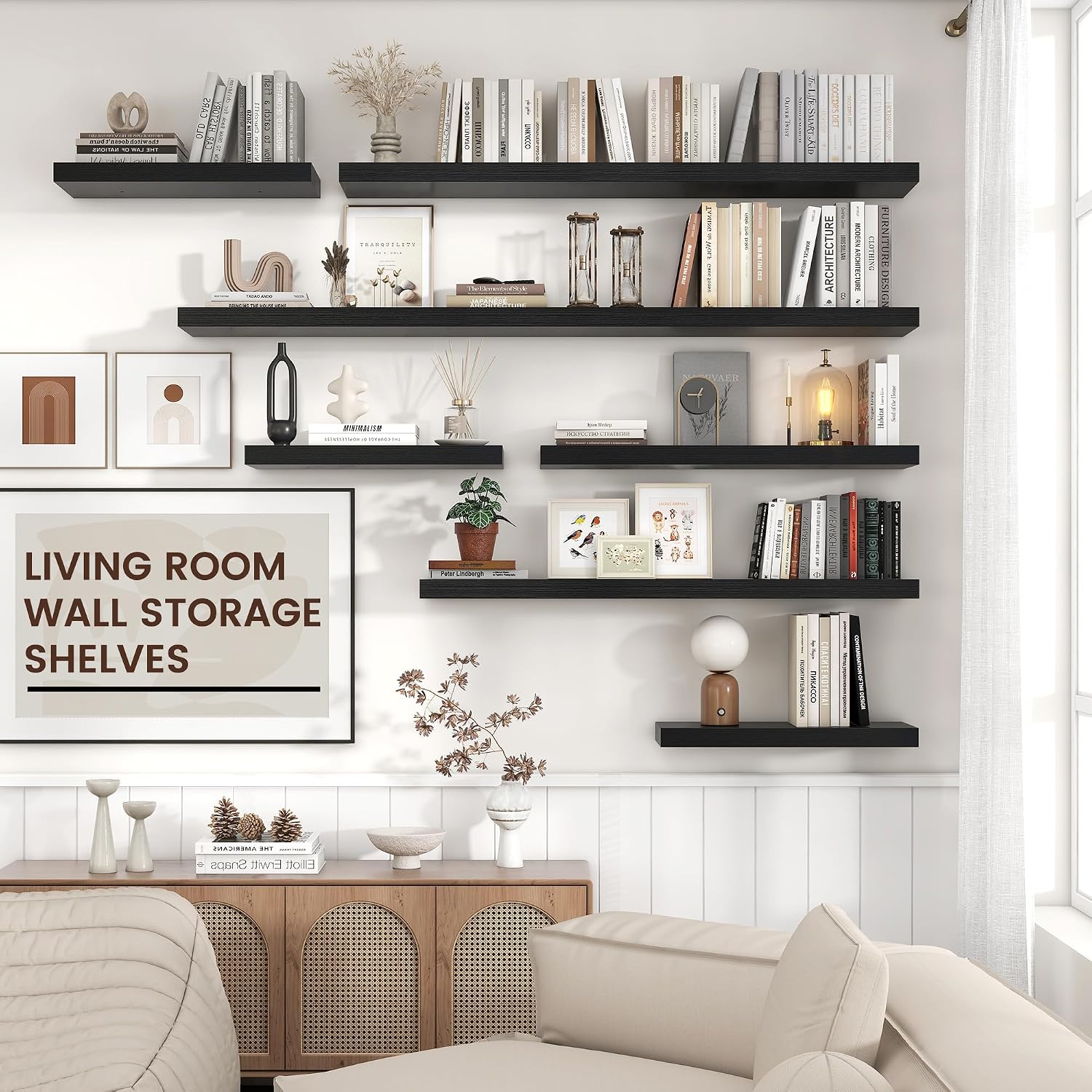 Venusmiles Floating Shelves for Wall, Engineered Wood Wall Shelves with Invisible Brackets for Living Room Bedroom Bathroom Office Kitchen Decor and Storage (Black, 72' W x 9' D x 1.5' H) Set of 1