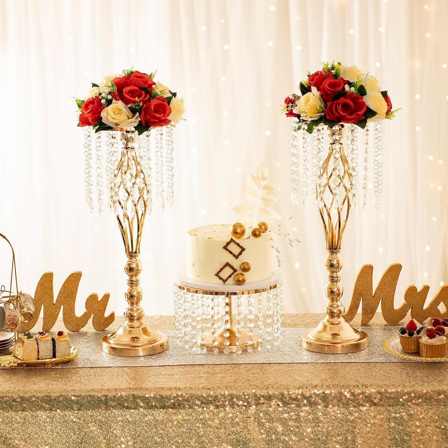 Metal Flower Stands with Crystal Beads - Wedding Centerpieces for Table Decorations, Elegant Metal Flower Arrangement Stands, Flower Vases for Wedding Party Celebration Home Decor (Gold-10pcs)