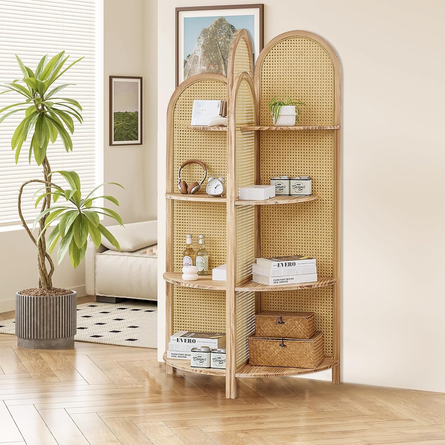 4-Tier Corner Shelf Stand 70' Rattan Corner Shelves Display Shelf Wall Corner Bookshelf with Solid Wood Frame Multi Unit Organizer Rack with Legs for Living Room Decor,Small Space, Natural