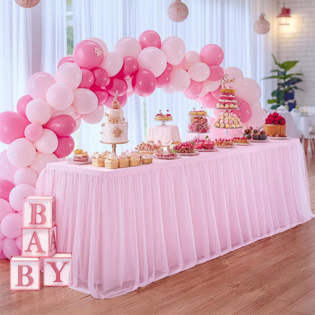 Suppromo 6 Pack 6ft Pink Tulle Tablecloths for Rectangle Tables 72 x 30 Inch Pink Rectangular Table Cloth, Wrinkle Free Table Cover with Tutu Skirt for Baby Shower Birthday Party Banquet Buffet Cake