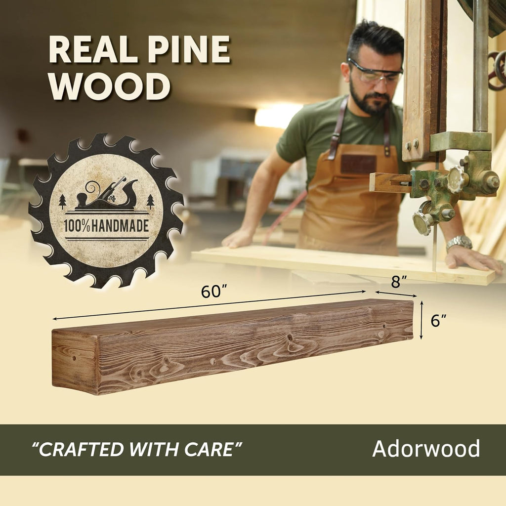 Handmade Fireplace Mantel Shelf 60', Rustic Wood Mantles for Over Fireplace, Wall Mounted Floating Mantel Shelves for Living Room Decor (Light Rustic, 60Lx6Hx8D)