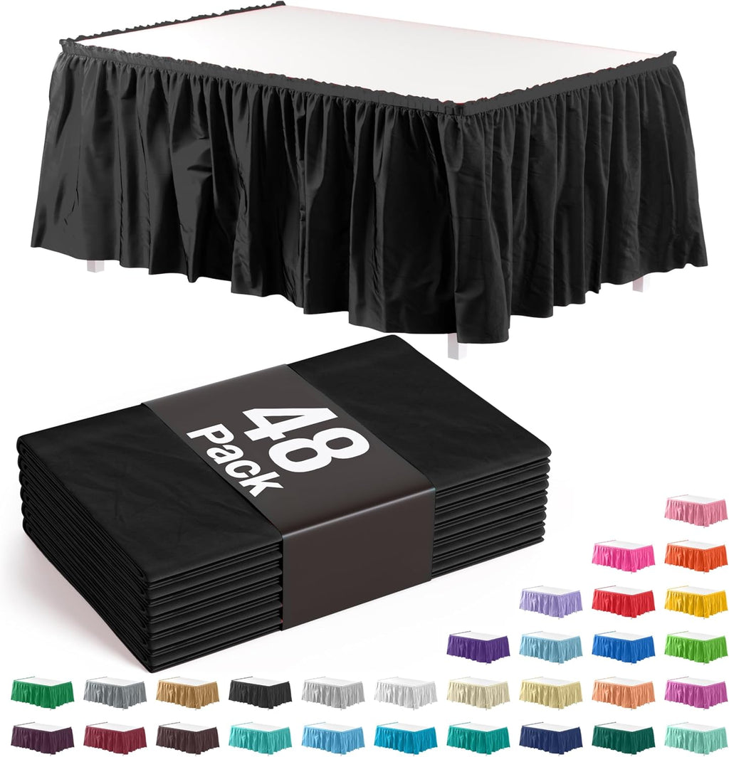 Exquisite Black Table Skirt 48 Pack - Disposable Plastic Table Skirts for Rectangle Tables 6ft 8ft & Round Tables - 29in x 14ft Self-Adhesive Strip - Birthday Wedding Gender Reveal Decor