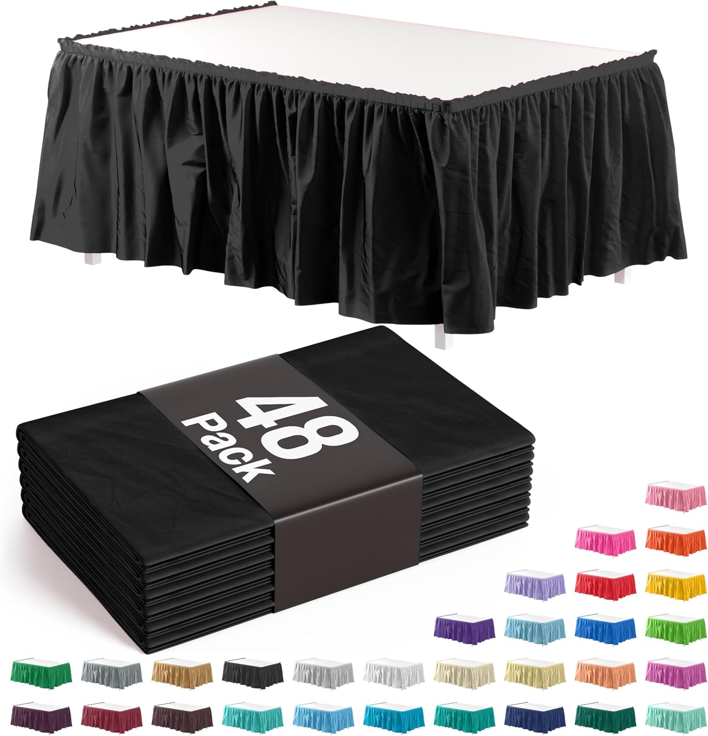 Exquisite Black Table Skirt 48 Pack - Disposable Plastic Table Skirts for Rectangle Tables 6ft 8ft & Round Tables - 29in x 14ft Self-Adhesive Strip - Birthday Wedding Gender Reveal Decor