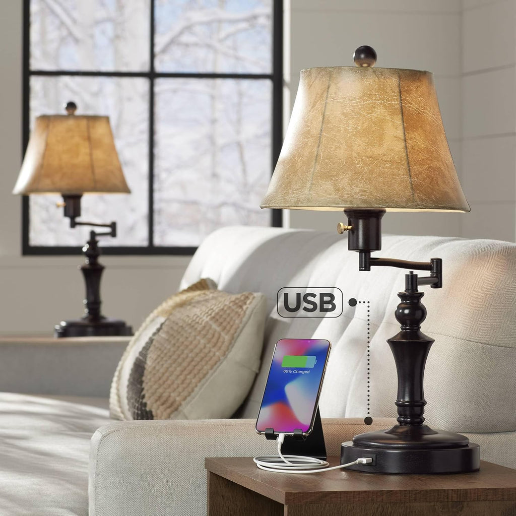 Regency Hill Corey Hill Traditional Rustic Natural Cottage Swing Arm Desk Table Lamps 21.75' High Set of 2 with USB Charging Port Bronze Metal Faux Leather Bell Shade for Living Room Bedroom
