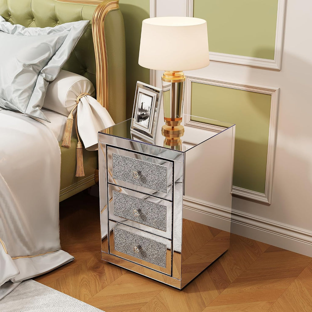 3-Drawer Mirrored Nightstand Bedside Table, Modern Mirrored End Side Table for Living Room, Bedroom, Entryway