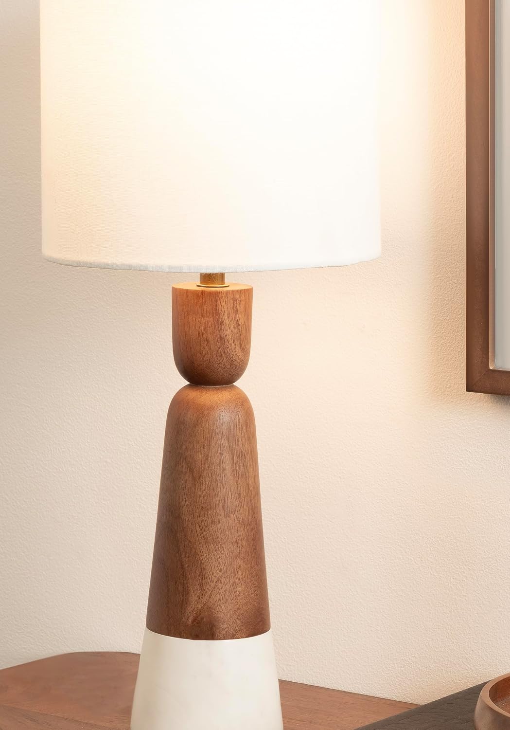 Kate and Laurel Deori Modern Mango Wood and Marble Bedside Table Lamp, 8 x 8 x 20, Walnut Brown and White Marble, Decorative Tapered Hourglass Tabletop Desk Lamp with Linen Shade for Living Room Decor