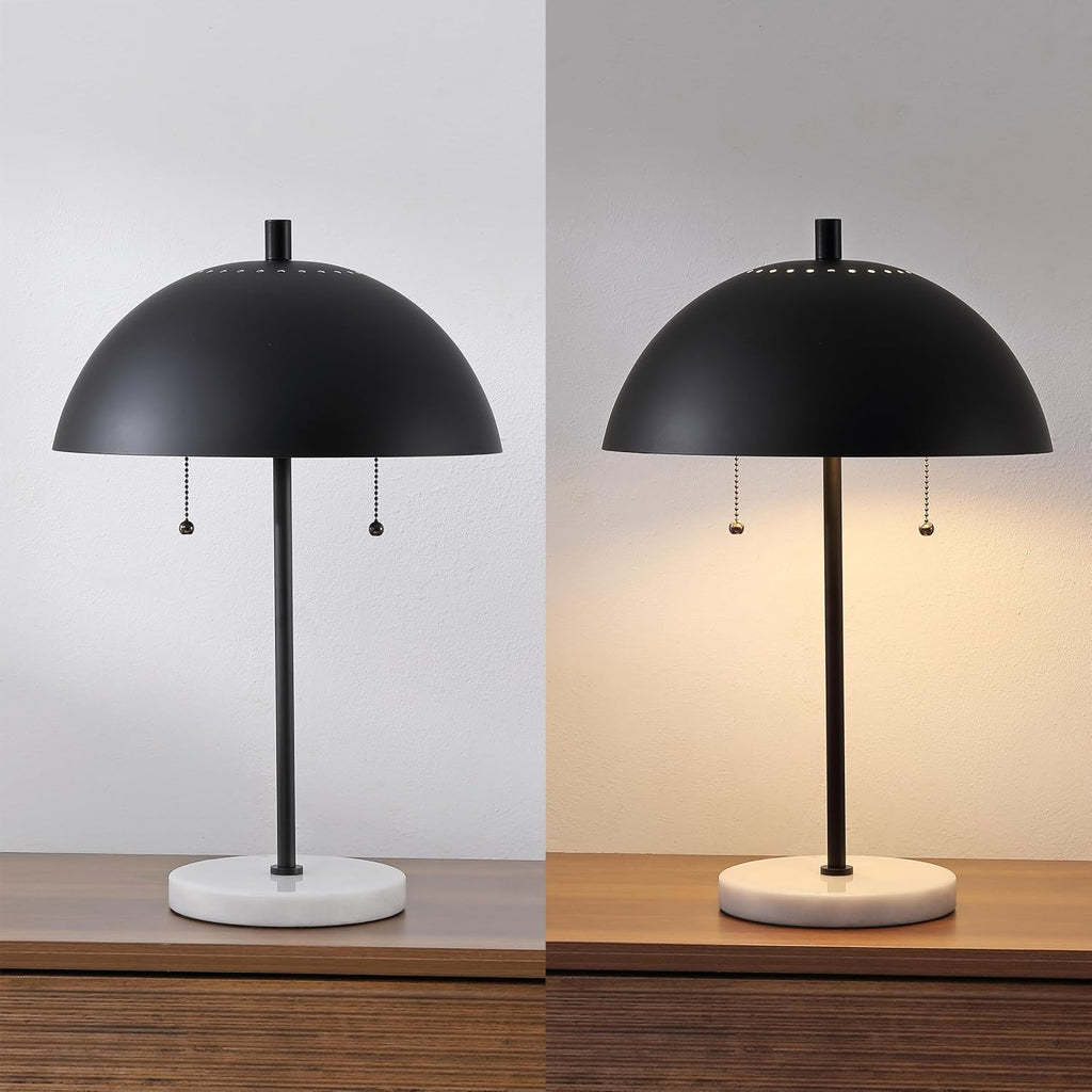 JONATHAN Y 20.7' Black/White Marble 2-Light LED Table Lamp for Modern Bedside Decor, Glam Desk Lamp, Gold Metal Dome Shade, Pull Chain Switch, Bulbs Included (JYL1071B)