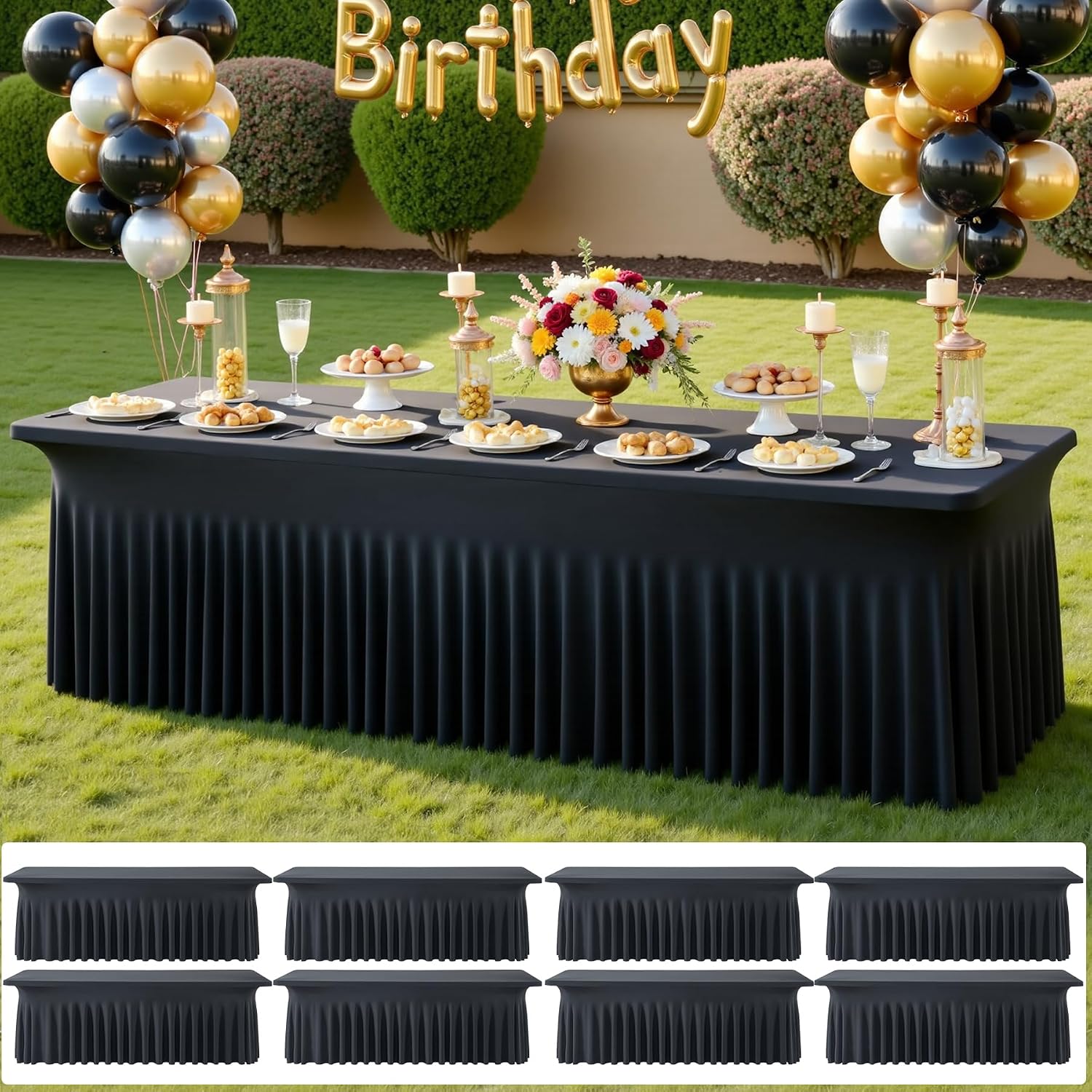 8 pk Black Spandex Tablecloth 8ft with Ruffled Skirt,Wrinkle Free High Stretch Fitted Tablecloths for 8 Foot Rectangle Tables,Pleated Elastic Spandex Table Covers 6ft for Parties Wedding Banquet