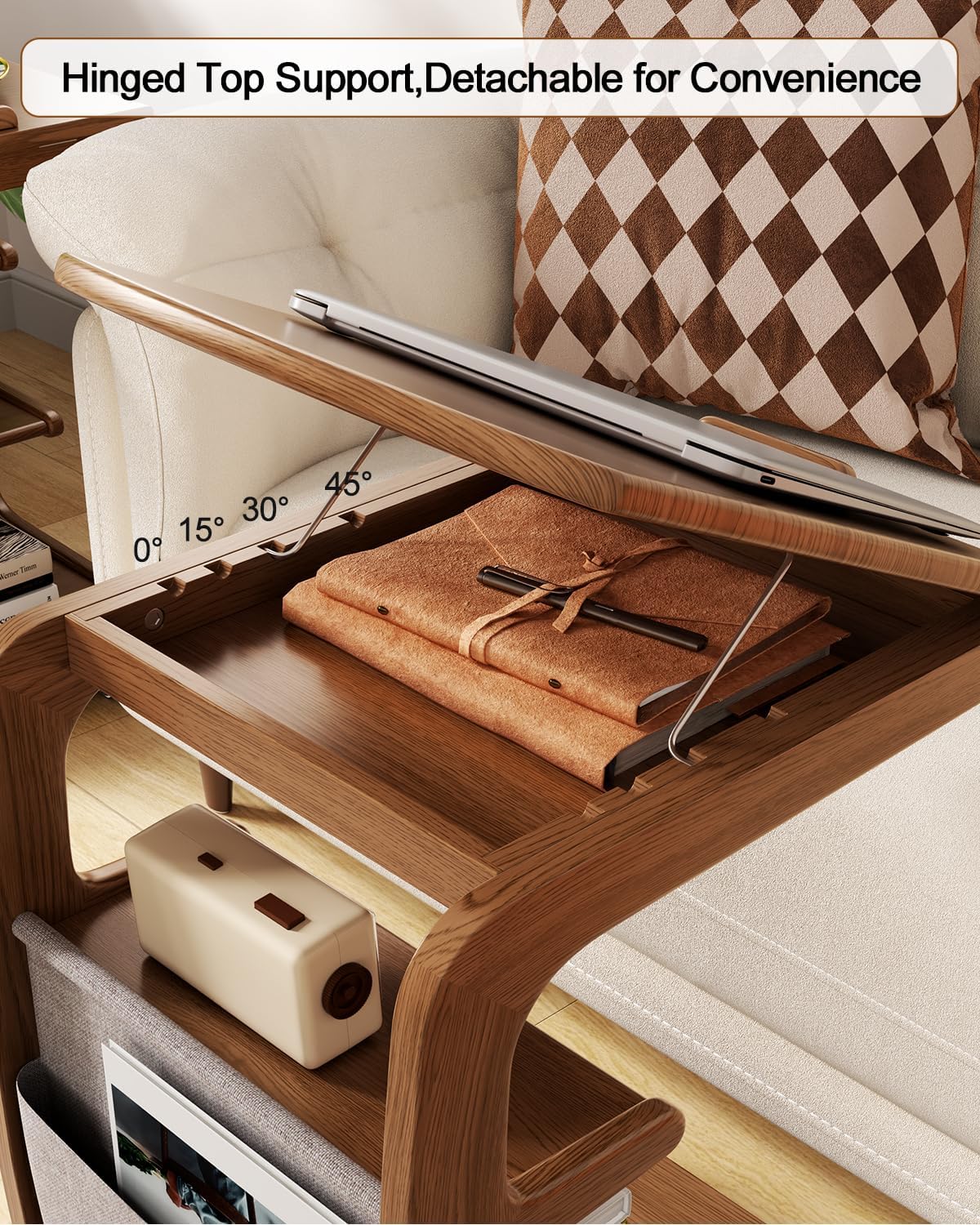 AQIMUELE Rolling Side Table, C Shaped End Table, C Table with 4 Wheels Solid Wood Small Rolling Desk with Adjustable Desktop,C Shaped End Table for Couch(15.6' D x 15.7' W x 24.3' H