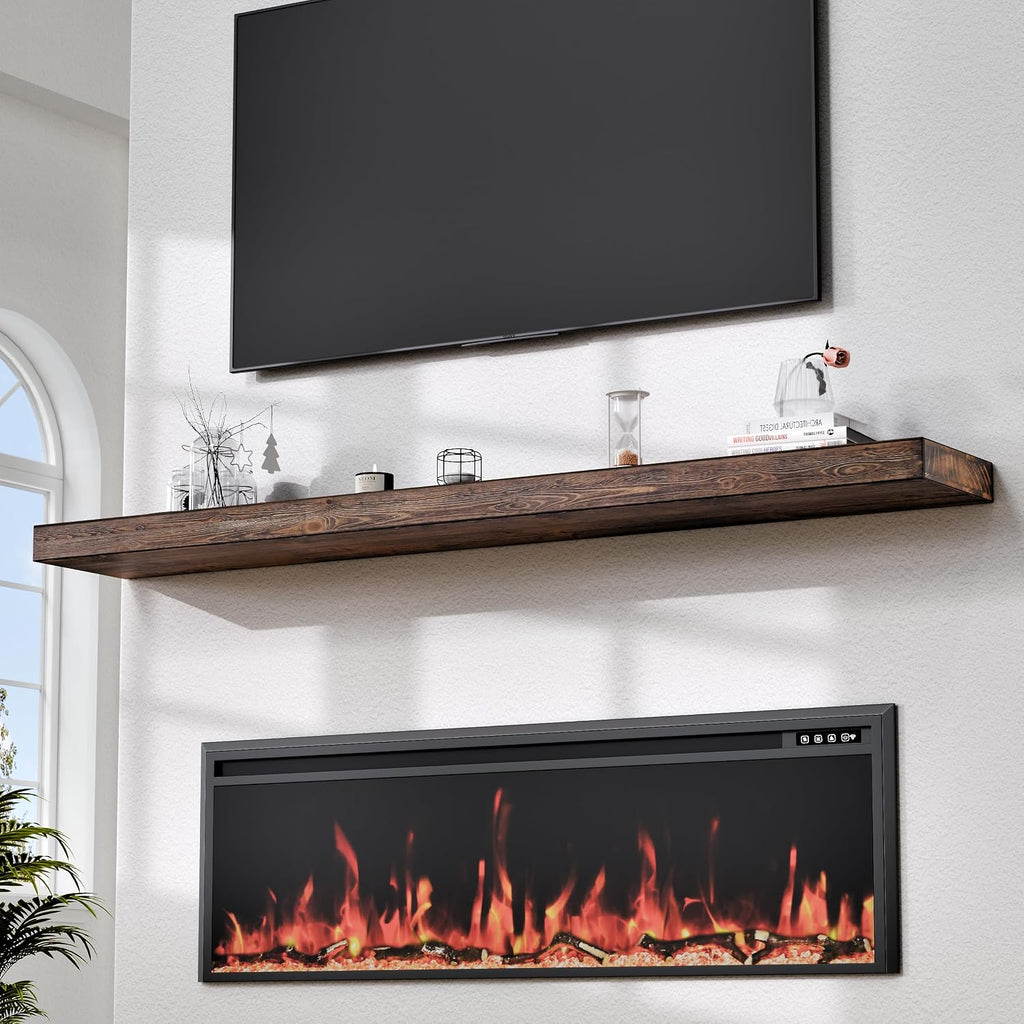 72 Inch Fireplace Mantel Shelf - 8' Deep Solid Wood Floating Mantel for Over Fireplace - 120LBS with Invisible Bracket - Handcrafted TV Decor for Livingroom & Bedroom -Charred Rustic Brown