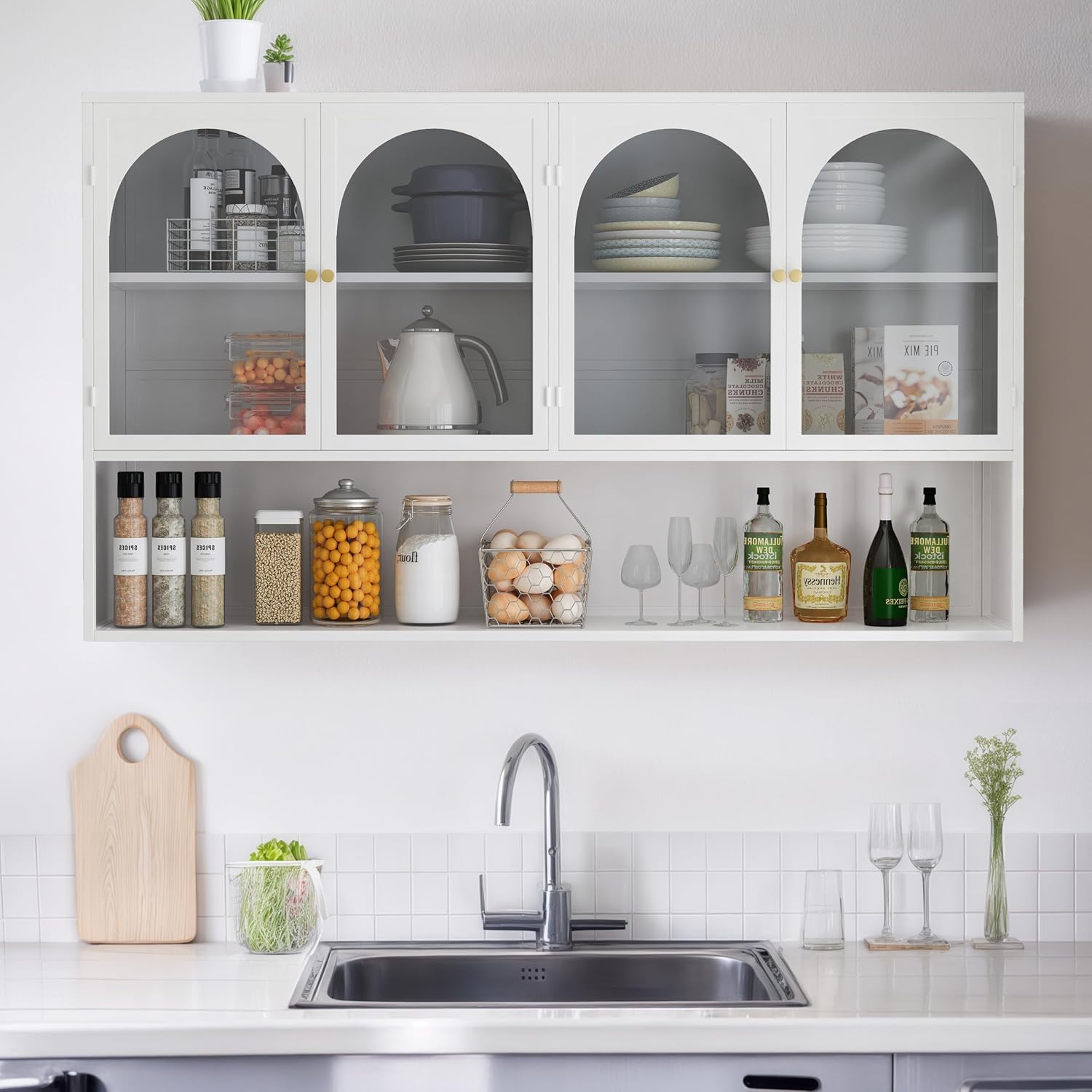 Retro Style Tempering Glass Door Wall Cabinet with Detachable Shelves and Open Shelves，for Office Dining Room,Living Room, Kitchen and Bathroom.White