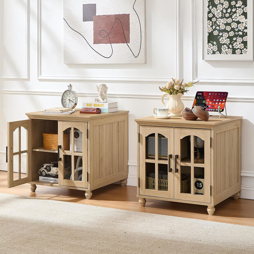 RWYHG Farmhouse End Table with Charging Station,24' Large Sofa Side Table with Glass Barn Door,Rustic Wood Night Stand with Adjustable Storage Shelf,Square Bedside Table for Living Room,Bedroom Office