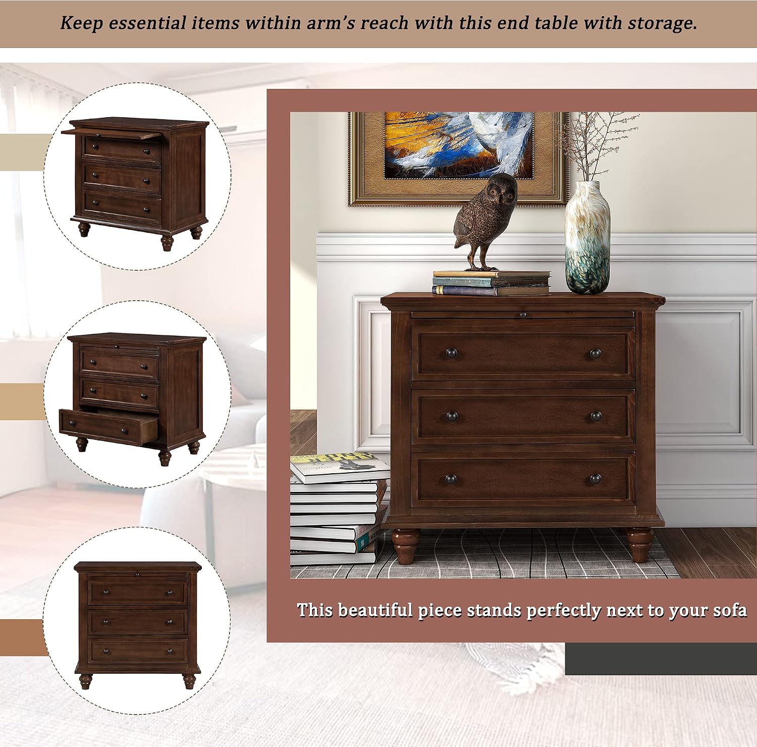 Modern Storage Wood Cabinet with 3-Drawer, Sofa Table Console Table End Table with Pull Out Tray, Accent Table Furniture for Entryway Living Room Bedroom, Fully Assembly Bedside Table (Brown)