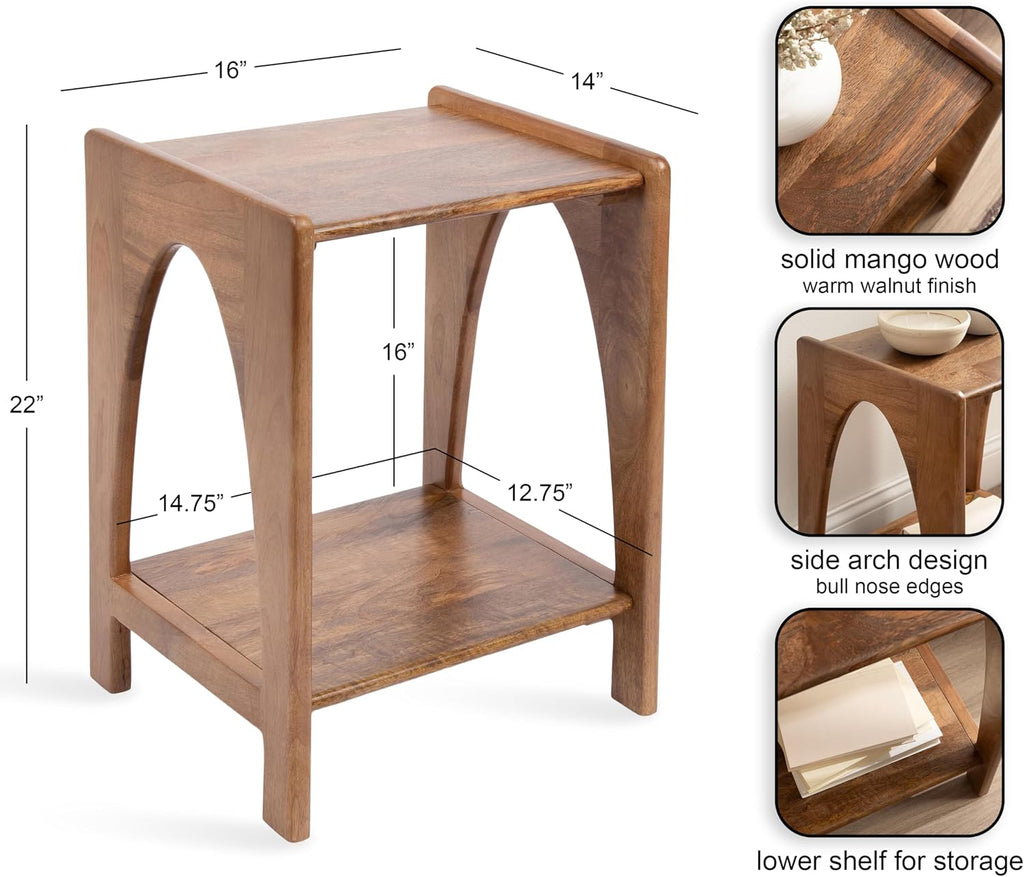 Kate and Laurel Aarstad Modern Rectangle Mango Wood Side Table, 16 x 14 x 22, Walnut Brown, Mid-Century Arched Two-Tier End Table for Use as a Bedroom Nightstand or Living Room Plant Stand