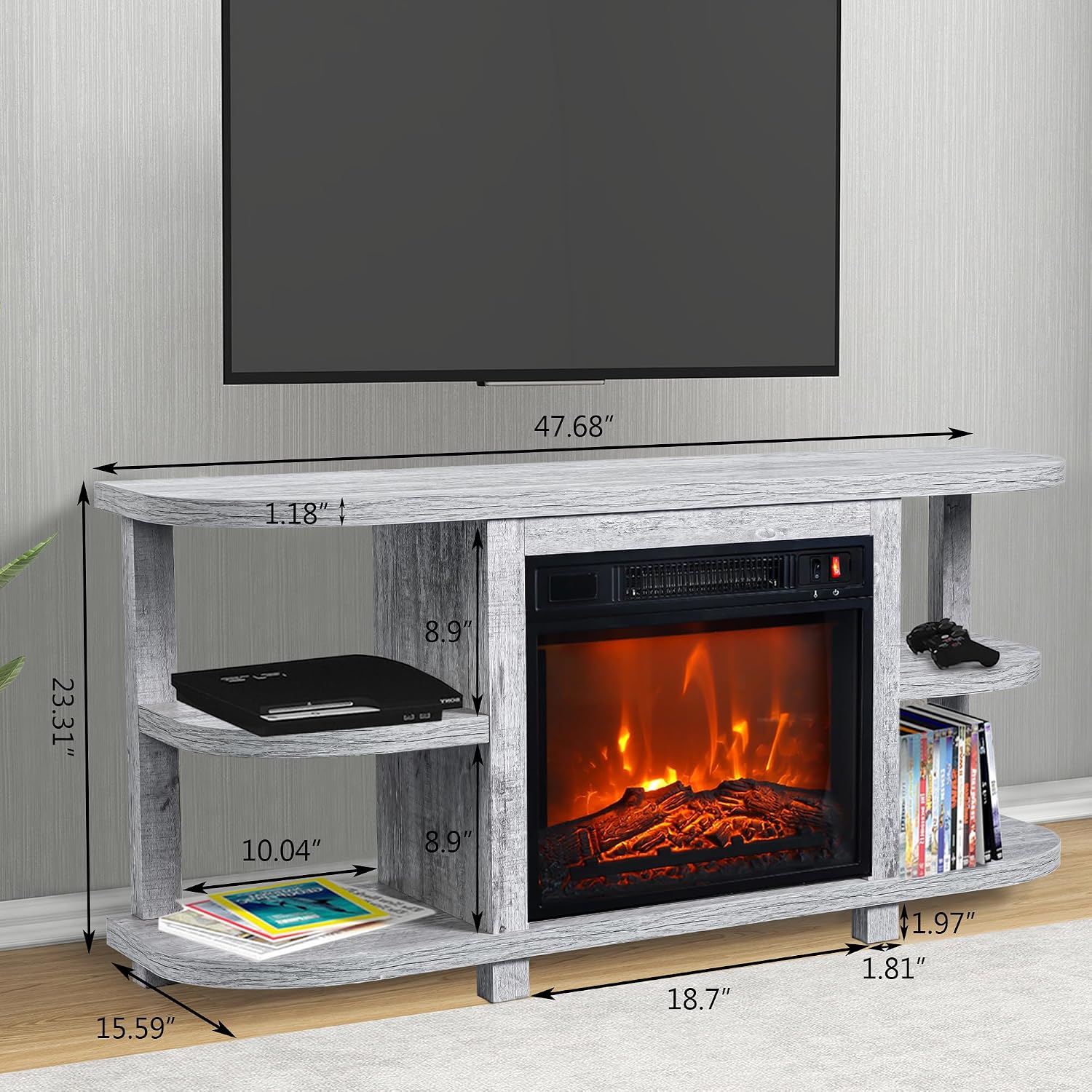 48' Fireplace TV Stand for TVs up to 55', Farmhouse Entertainment Center with 18' Electric Fireplace Insert, 1400W Wood Media Console Table with Open Storage Shelves for Living Room, Bedroom (Gray)