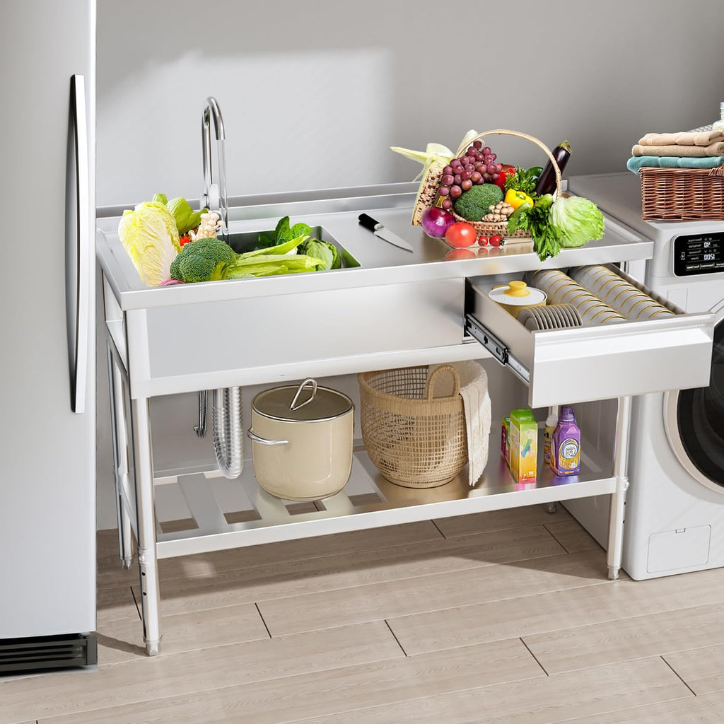 304 Stainless Steel Utility Sink – Free Standing Single Bowl with Workbench, Storage Drawer & Faucet, Hot and Cold Water Pipes for Laundry Room, Farmhouse, Outdoor Use (Left Drawer 47'' Sink)