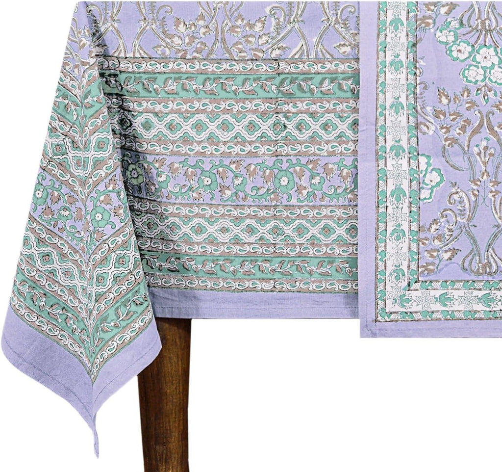 72x190 Inches Rectangle Hand Block Printed Cotton Tablecloth, Lavender Green Floral Table Cloths Washable, Indian Table Linen for Christmas Thanksgiving Gifts Home Decor Dining Outdoor