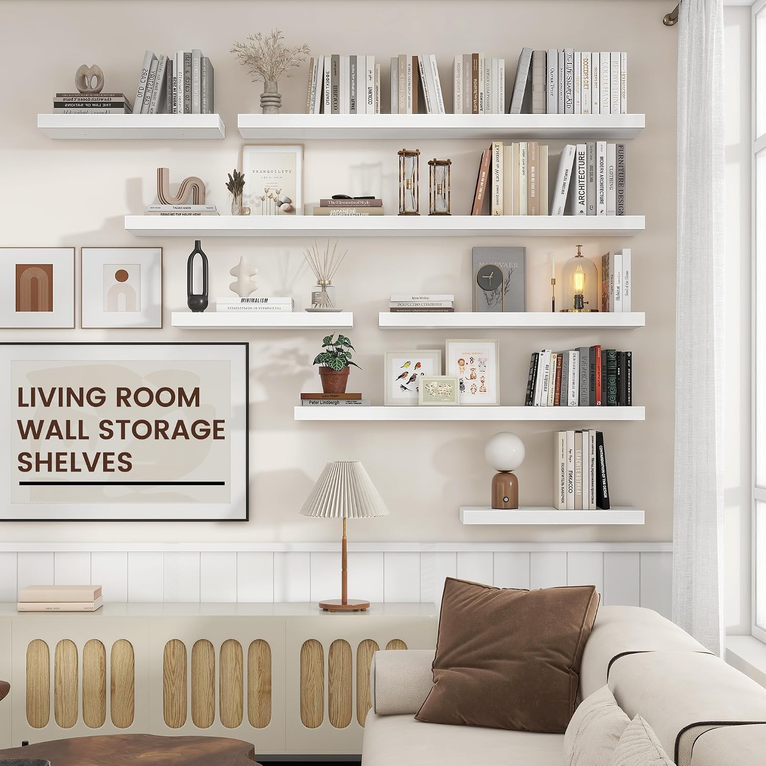 Venusmiles Floating Shelves for Wall, Engineered Wood Wall Shelves with Invisible Brackets for Living Room Bedroom Bathroom Office Kitchen Decor and Storage (White, 72' W x 9' D x 1.5' H) Set of 1