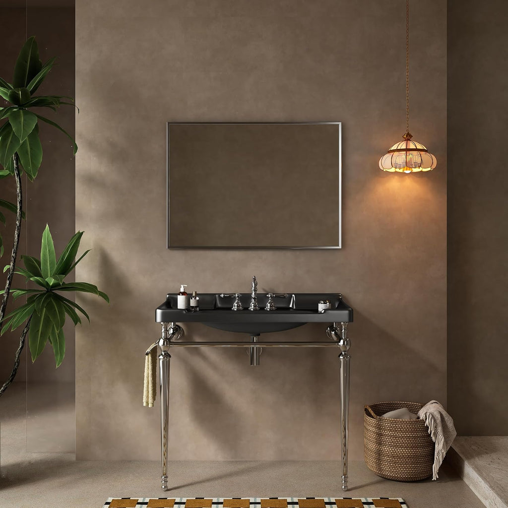 Yayzy 36' Bathroom Vanity with Black Ceramic Sink, Wall-Mounted Console Style, Silver-Finish Stainless Steel Legs & Towel Bar, 3 Faucet Holes, No Faucet