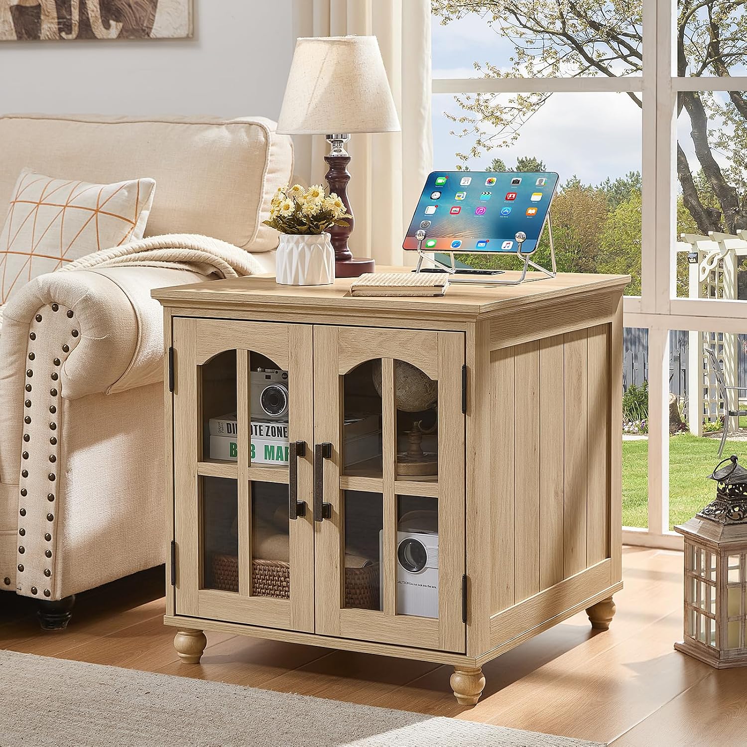 RWYHG Farmhouse End Table with Charging Station,24' Large Sofa Side Table with Glass Barn Door,Rustic Wood Night Stand with Adjustable Storage Shelf,Square Bedside Table for Living Room,Bedroom Office