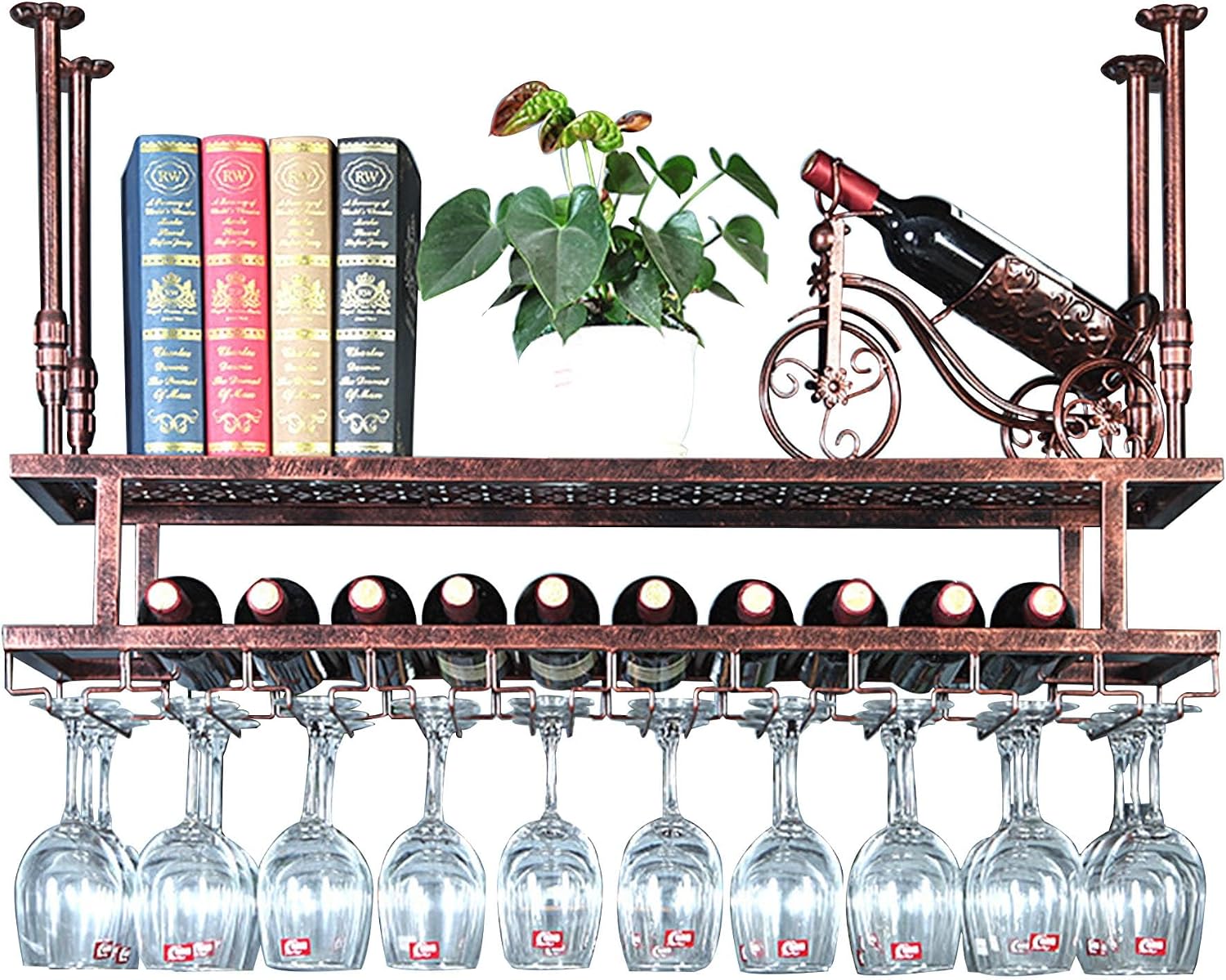 Hanging Metal Wine Rack Bar Shelves Liquor Bottle Display Shelf Wall Mounted with Wine Glass Storage Holder Rack for Liquor Bottles Floating Bar Kitchen Shelves for Home Bar Dining Room(Copper,80cm(31