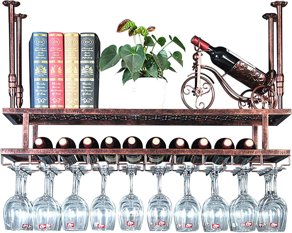 Hanging Metal Wine Rack Bar Shelves Liquor Bottle Display Shelf Wall Mounted with Wine Glass Storage Holder Rack for Liquor Bottles Floating Bar Kitchen Shelves for Home Bar Dining Room(Copper,60cm(23
