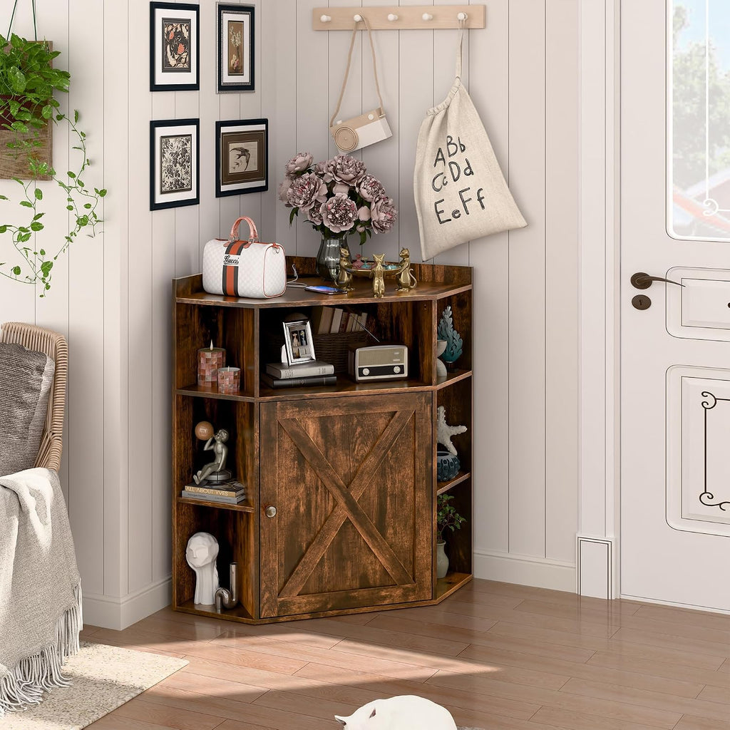 Halitaa Corner Storage Cabinet, Farmhouse Corner Bookshelf with Storage 6-Cubby Wooden Cabinet with USB Ports and Outlets Industrial Organizer for Small Space, Study, Playroom, Living Room