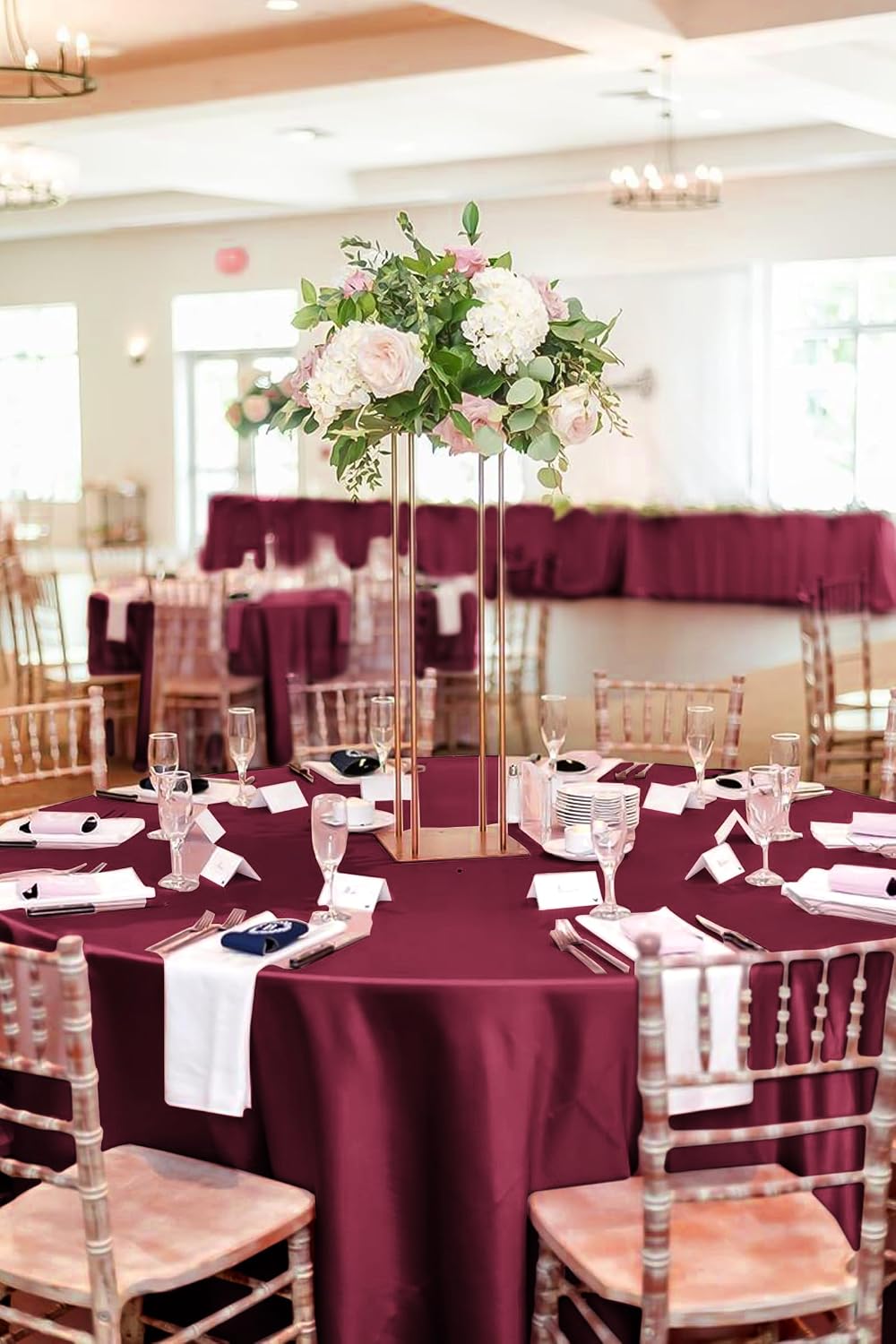 12 Pack 120 Inch Round Tablecloth, Burgundy Satin Fabric Table Cloth for Round Tables, Wrinkle Resistant Washable TableCover Bright Silk Table Clothes for Wedding Party Dining Tables Banquet