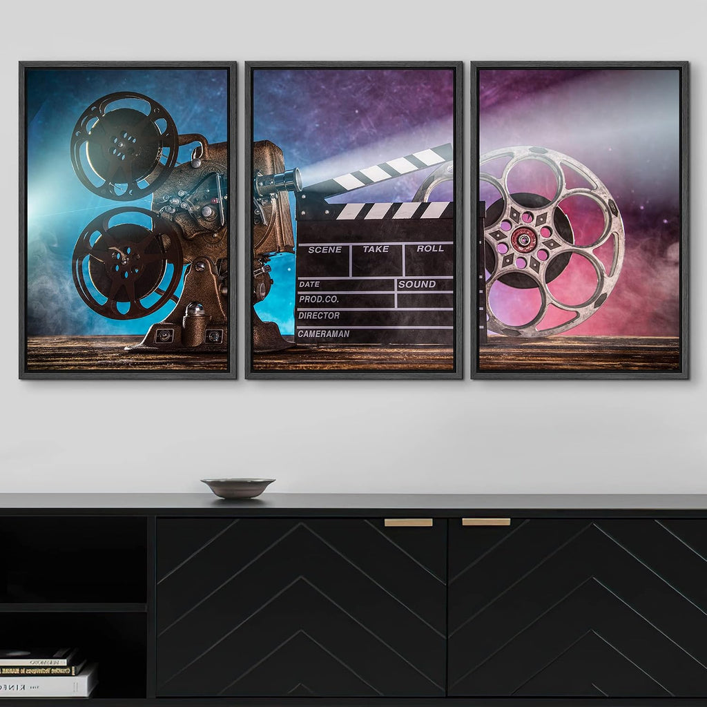 wall26 Framed Canvas Print Wall Art Set Hollywood Movie Projector Film Clapperboard Pop Culture Celebrities Photography Realism Decorative Scenic for Living Room, Bedroom, Office - 16'x24'x3 Black