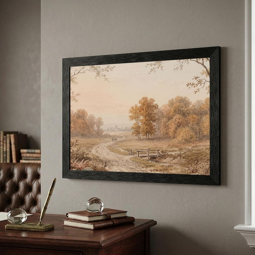 Framed Wall Art - 19th-Century Pastoral Landscape Watercolor Print in Black Frame - Autumn Forest and Nature Scene Decor for Living Room and Office - 24x36 Inch