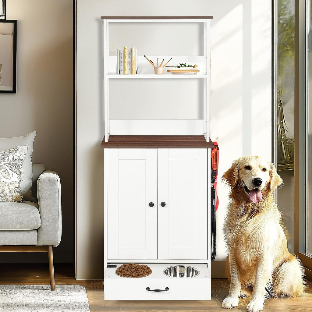 ZMAD Dog Feeding Station with Storage Cabinet and Double Door Locker with 2 Adjustable Dog Bowls, Hidden Pet Feeder Station Wood, Cat Food Storage Cabinet (3)