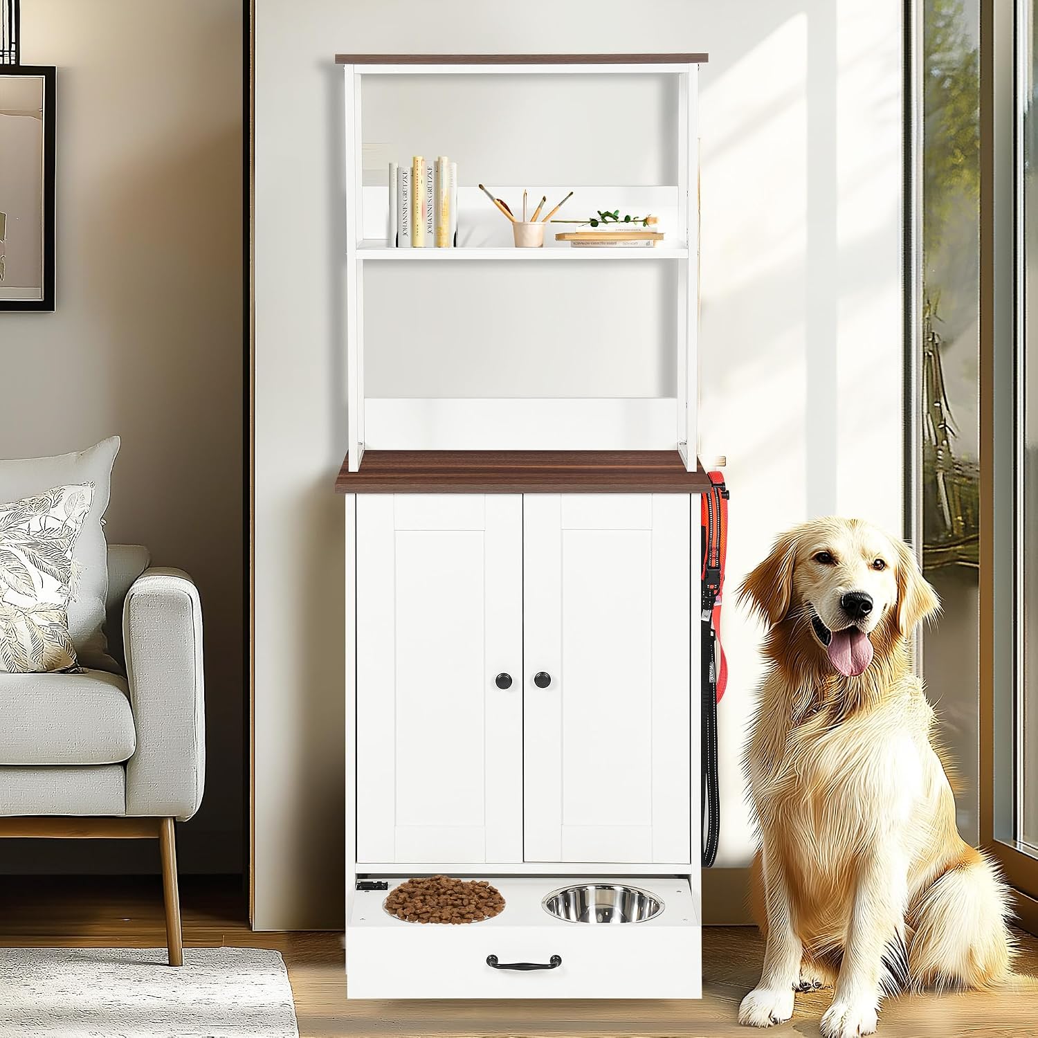 ZMAD Dog Feeding Station with Storage Cabinet and Double Door Locker with 2 Adjustable Dog Bowls, Hidden Pet Feeder Station Wood, Cat Food Storage Cabinet (3)
