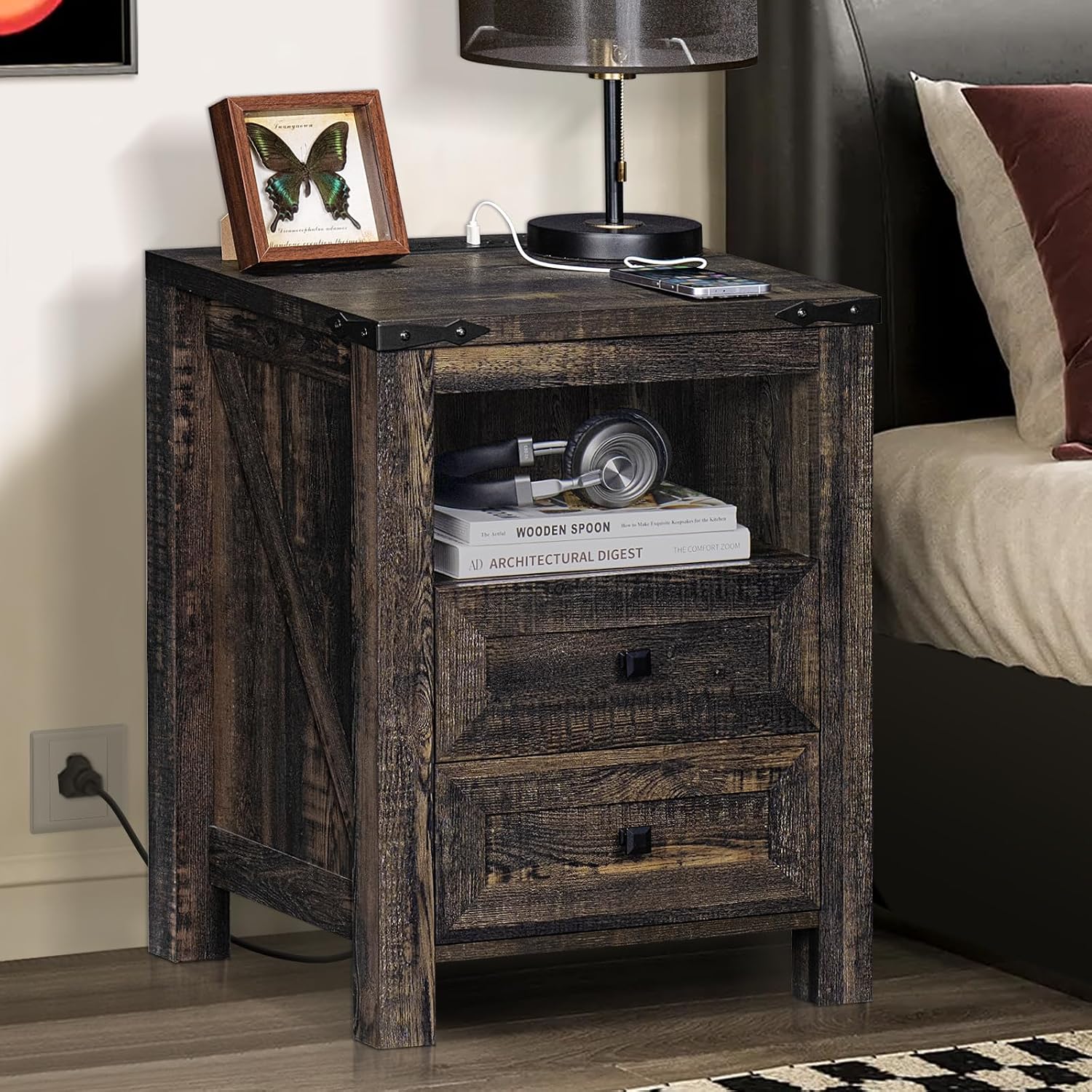 Joaxswe Nightstands Set of 2 with Charging Station, Farmhouse Night Stand with 2 Drawers and Shelf Storage, Wooden Side End Table, Bedside Cabinet for Bedroom, Living Room, Closet,Office (Dark Drey)