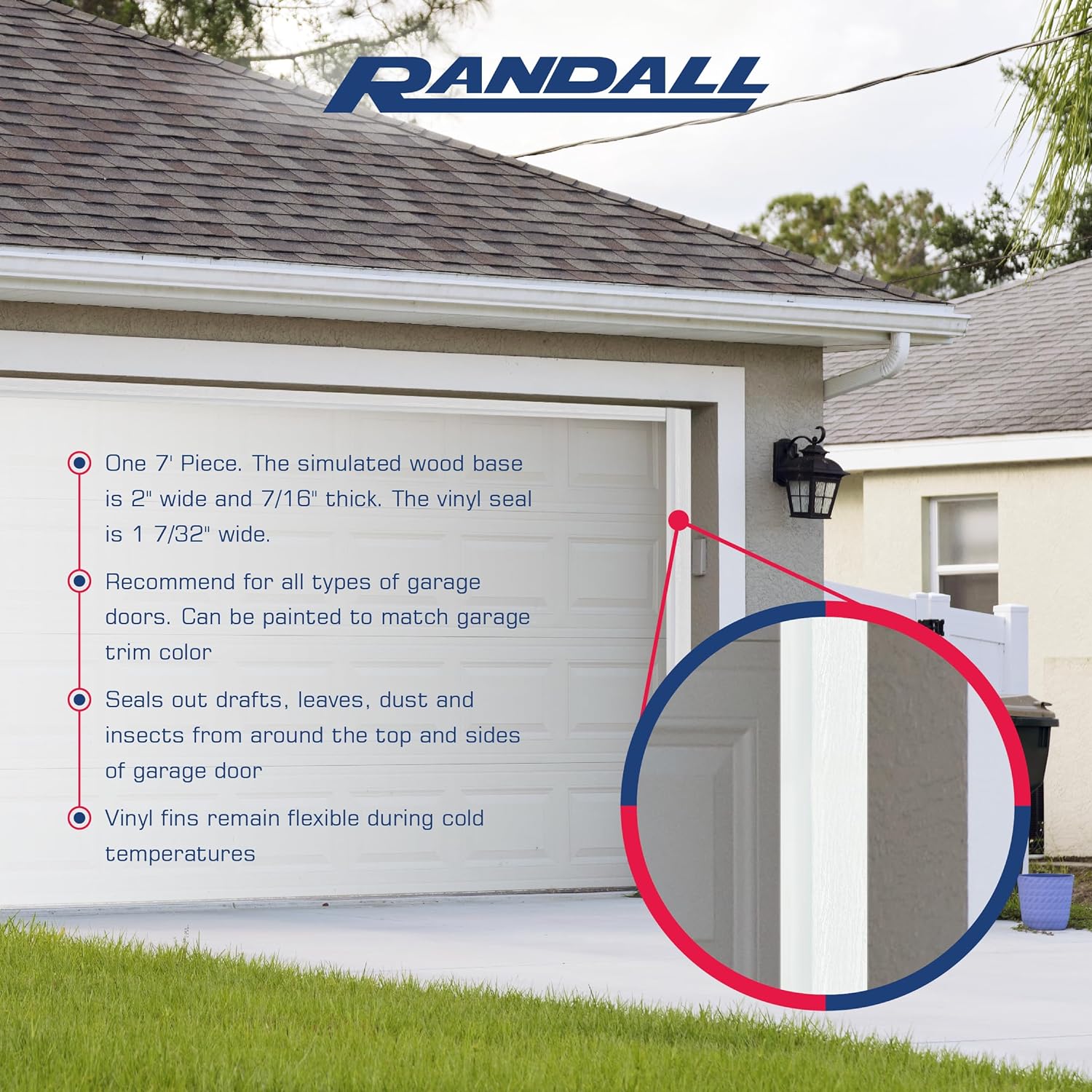 Randall Manufacturing Co., Inc | Garage Door Weatherstrip Door Seal | 7 Feet | Dual Vinyl | for Top or Sides | Box of 15 | White | for All Types of Garage Doors | Seals Out Drafts | Easy Installation