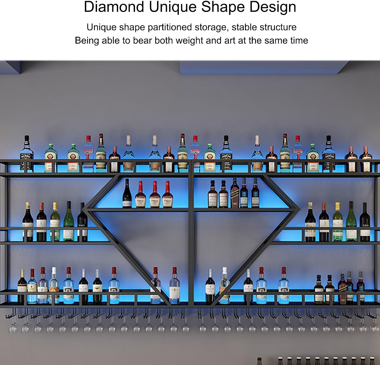 Wine Rack Wall Mounted Bar Shelves with Hanging Wine Glass Holder Rack and LED Light Liquor Bottle Display Shelf Floating Bar Shelves Whiskey Shelf Kitchen Wall Cabinet for Home Bar Cafe Dining Room (