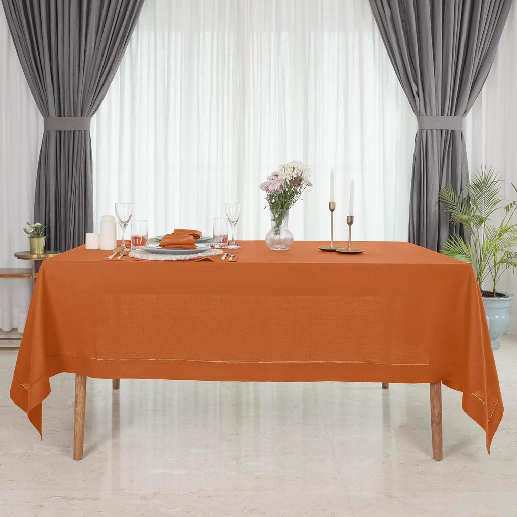 Signature Linen™ by D'Moksha Rust Tablecloth, Rectangle Tablecloth 60 x 144 Inch, 100% Pure Linen, Hemstitch, Machine Washable, Long Table Cloth- Summer