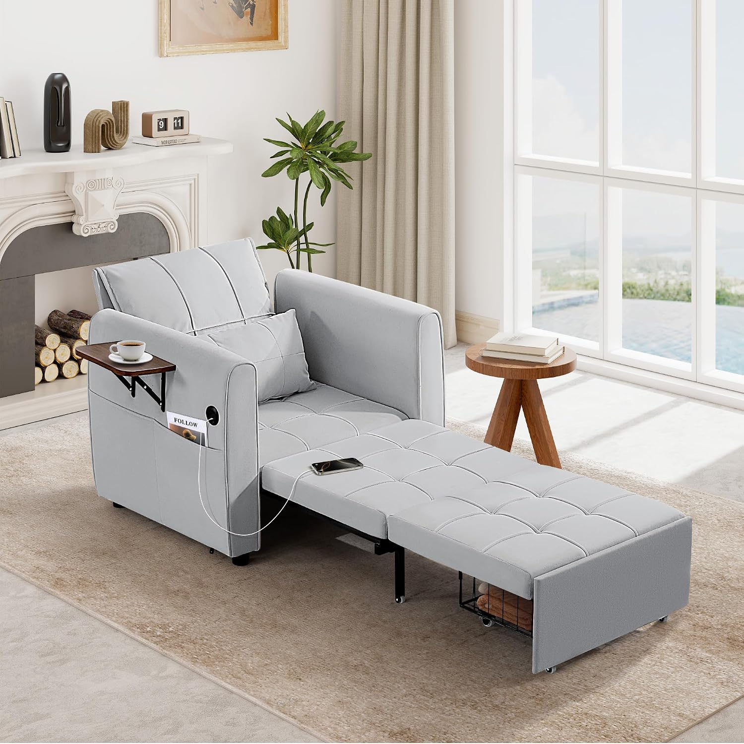 90' Convertible Sofa Chair Bed, 4 in 1 Pull Out Sleeper Chair, Adjustable Backrest Recliner with USB Port, Bottom Storage Basket, Folding Side Table, Lounge Sofa for Living Room Apartment Small Place