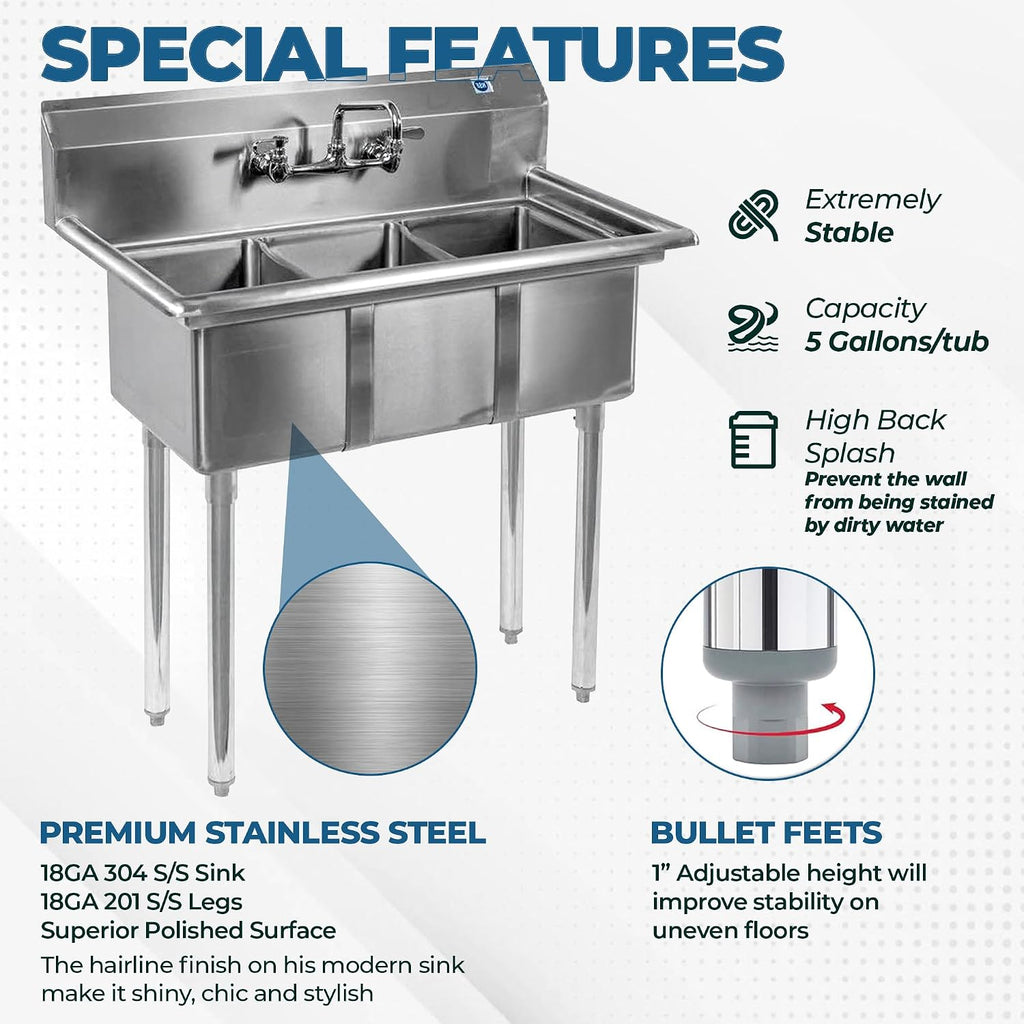 36' 3 Compartment Stainless Steel Utility Sink – Bowl Size 10' x 14' x 10' | NSF Certified Commercial Kitchen Prep Sink