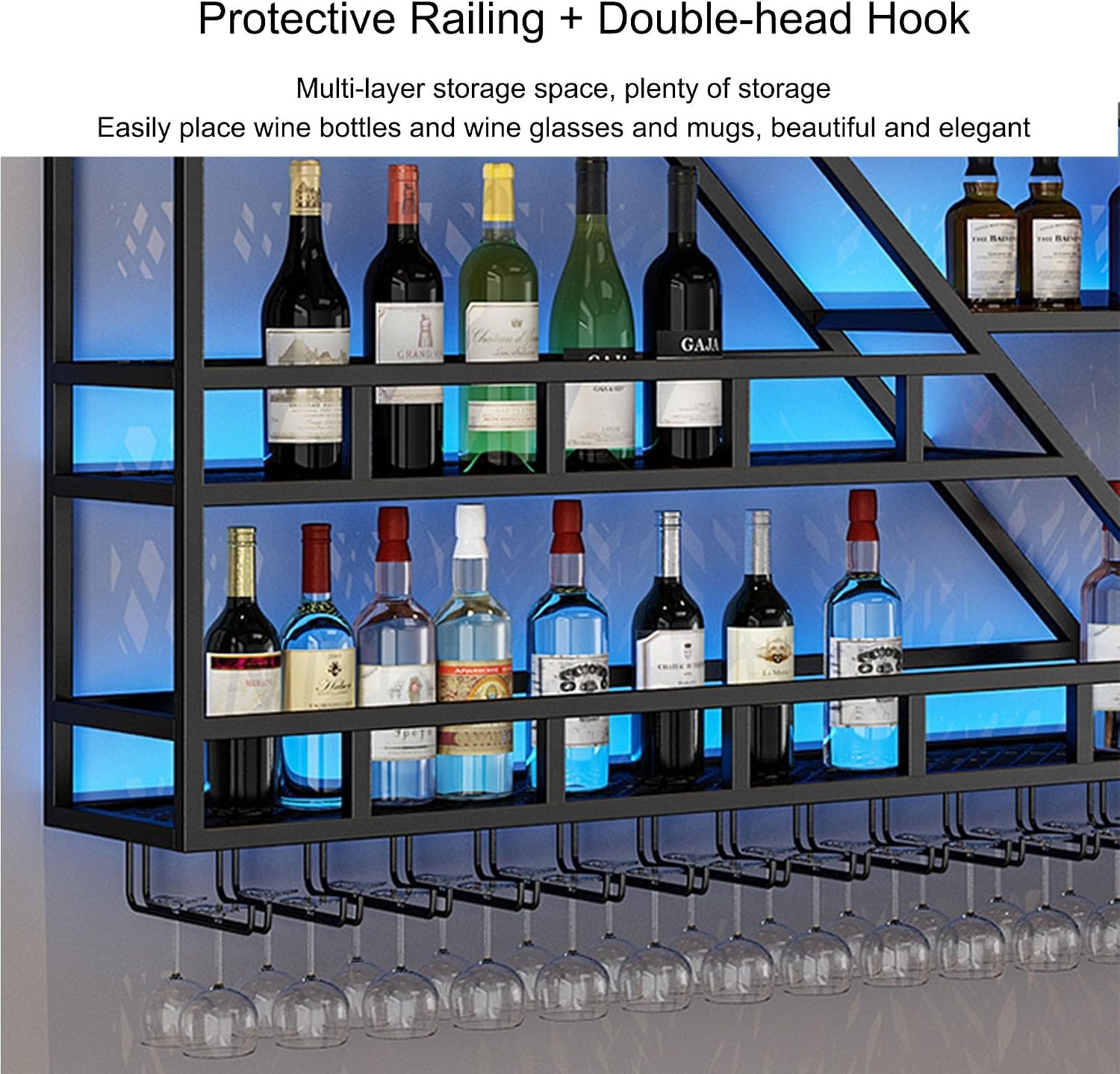 Wine Rack Wall Mounted Bar Shelves with Hanging Wine Glass Holder Rack and LED Light Liquor Bottle Display Shelf Floating Bar Shelves Whiskey Shelf Kitchen Wall Cabinet for Home Bar Cafe Dining Room (