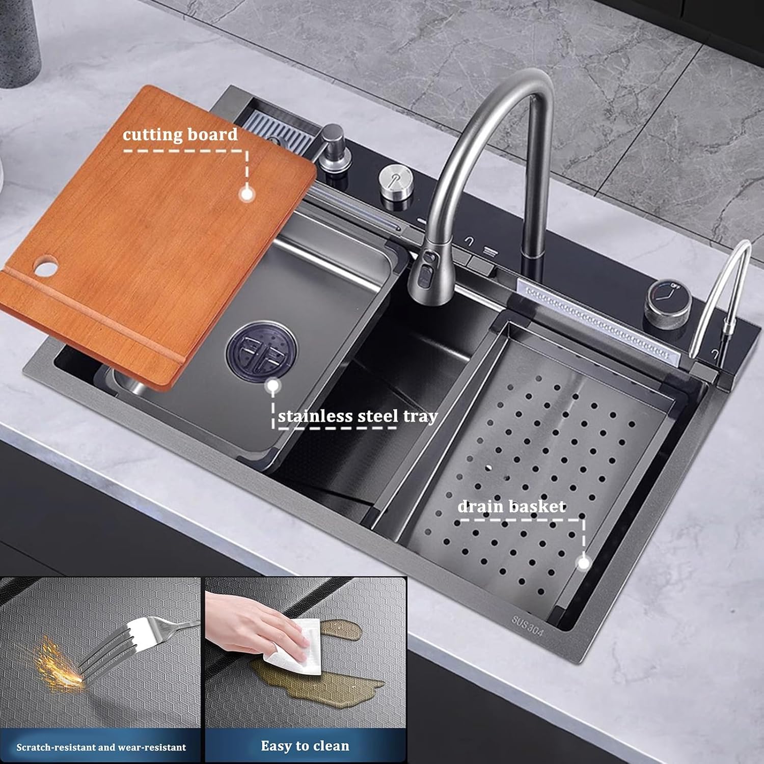 Stainless Steel Sink Black Kitchen Sink Digital Waterfall Faucet Single Bowl Sink with Cup Washer Knob Controlled Drainage (75x46x22cm