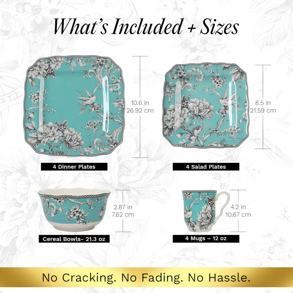 222 Fifth Adelaide Turquoise 16-Piece Porcelain Dinnerware Set | Microwave and Dishwasher Safe Dining Set for 4 | Stackable and Chip-Resistant Plates Bowls and Cups | Gift for Housewarming & Wedding